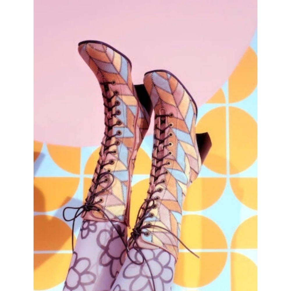 Jeffrey Campbell | Hunts Patchwork Lace Up Boots in Light Suede Multi Size 6.5